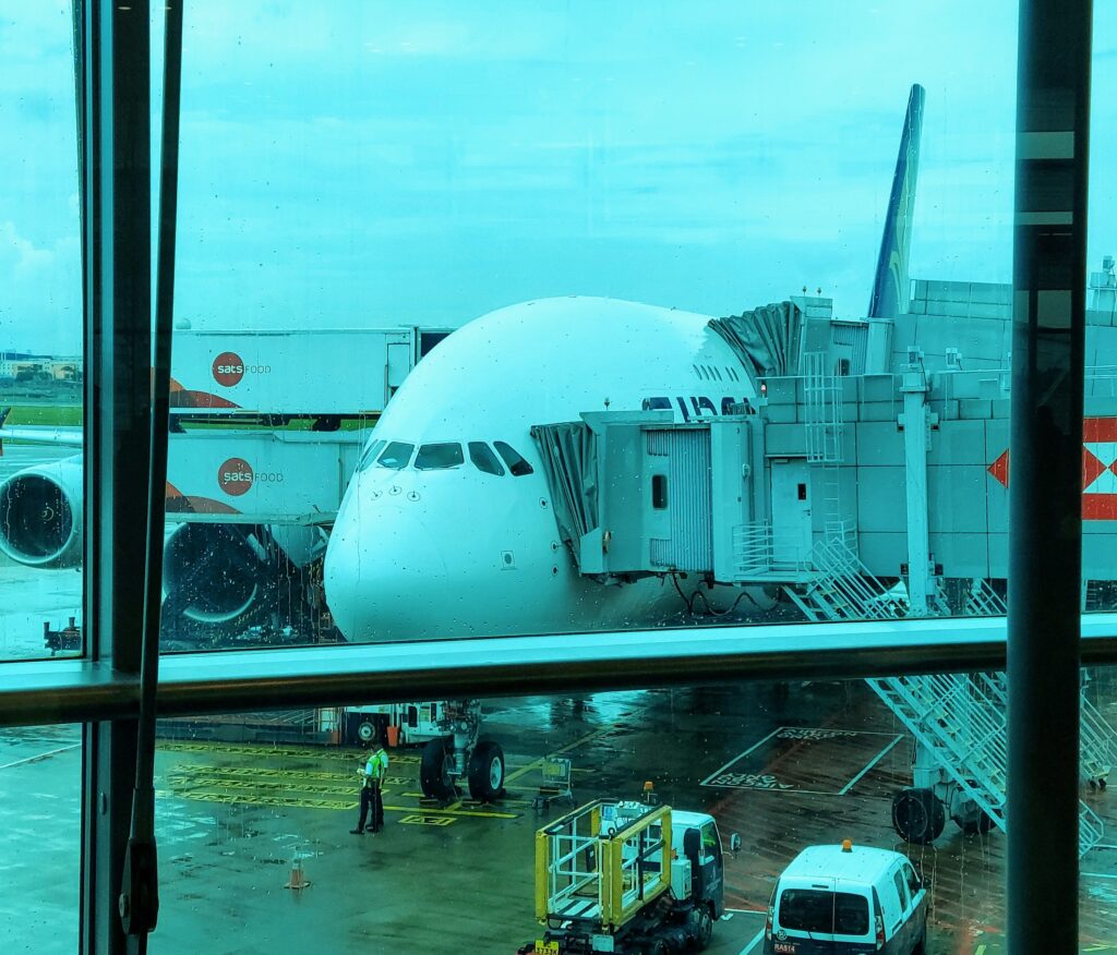 8 Hours in Changi! A380 parked outside the terminal.